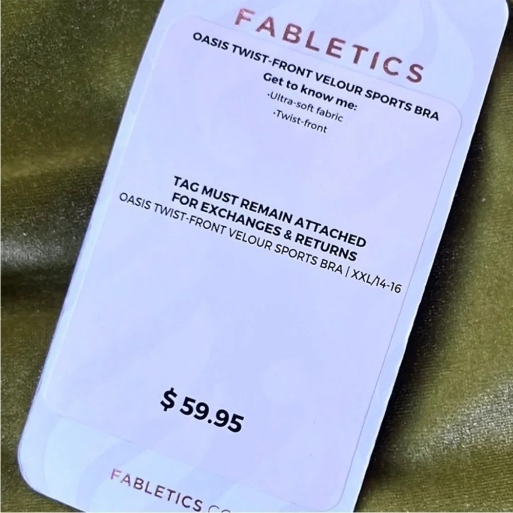 NWT Fabletics Oasis Twist Front Velour Sports Bra Size XXL